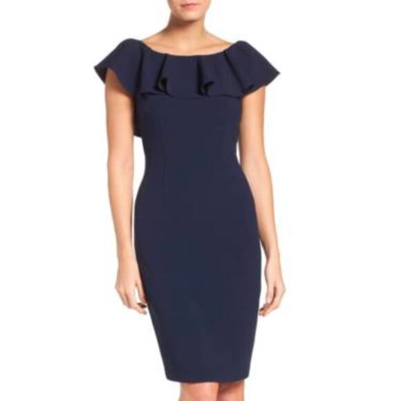 Womens Eliza J Ruffle Top Sleeveless Lace Insert Knee Length Sheath Navy Blue 12 - Picture 1 of 5